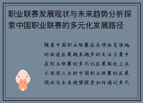 职业联赛发展现状与未来趋势分析探索中国职业联赛的多元化发展路径