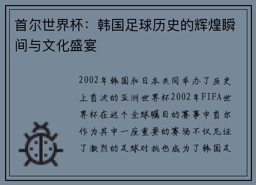 首尔世界杯:韩国足球历史的辉煌瞬间与文化盛宴